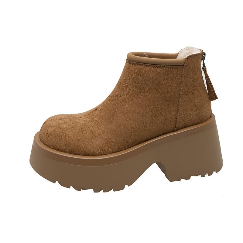 

Коричневые хлопковые туфли на толстой подошве и каблуке, женские, зима 2025, новые утолщенные бархатные короткие ботинки, водонепроницаемые и нескользящие зимние ботинки 39