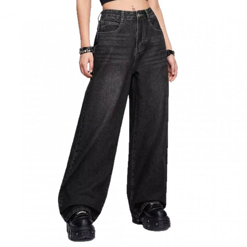 Womens Wide Leg Straight Cut Denim Pants With Embroidered Dagger Detail Loose Fit Streetwear Style