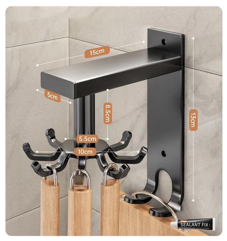 Skimmer 360° Swivel Wall Mounted Rack With Hook Utensil Holder Spatula Cutting Board Storage Rotating Shelf For Kitchen Supplies