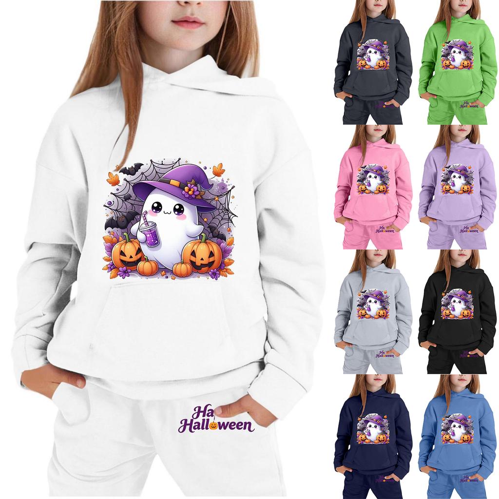 Kids Halloween Hoodie and Sweatpants Set Cute Ghost Print Pullover Hooded Sweatshirt and Matching Bottoms for Children Soft Comfortable Outfit