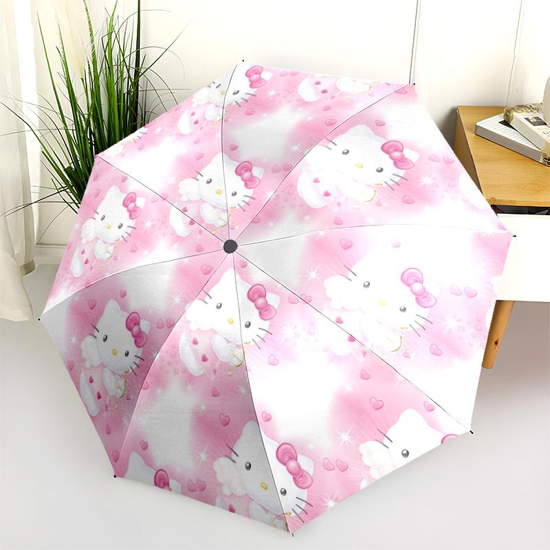 Ombrello pieghevole automatico con motivo Hello Kitty su sfondo sfumato, design portatile e pieghevole, 8 stecche, un regalo di Natale o di compleanno.