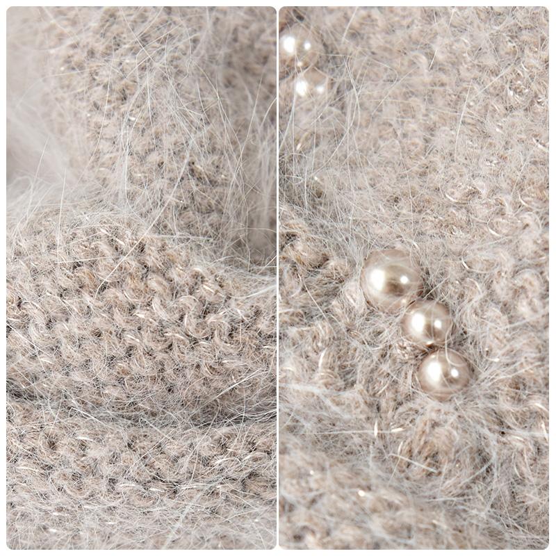 Winter Angora Wool Knitted Beanie for Elegant Ladies Custom Warm Skull Hats With Pearls Middle-Aged Women Rabbit Wool Hats