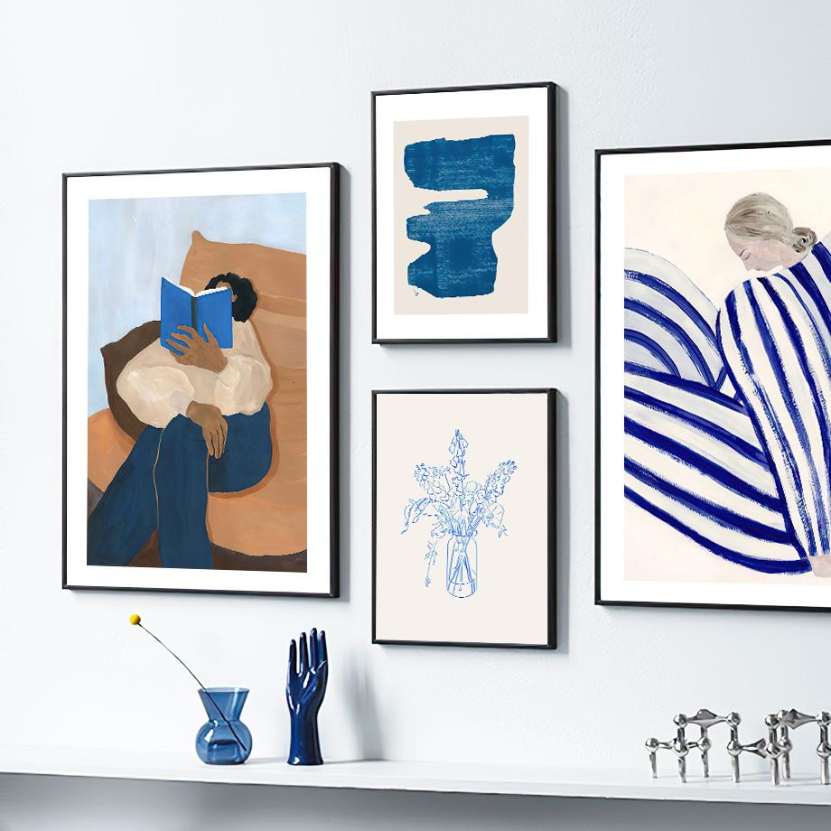 Blue Striped Girl Book Vase Wall Art Canvas Painting Abstract Posters And Prints Hotel Bar Wall Pictures For Living Room Decor