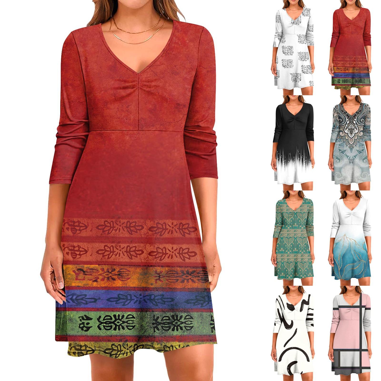 

Women s Casual Loose Comfortable Print V-Neck 3/4 Sleeve Dress XL