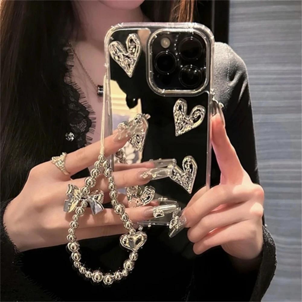 Stylish Korea Cute 3D Love Heart Bralet Phone Case For iPhone 17 Air 16 15 13 11 12 Pro Max 14 Plus Silvery Mirror Girl Cover