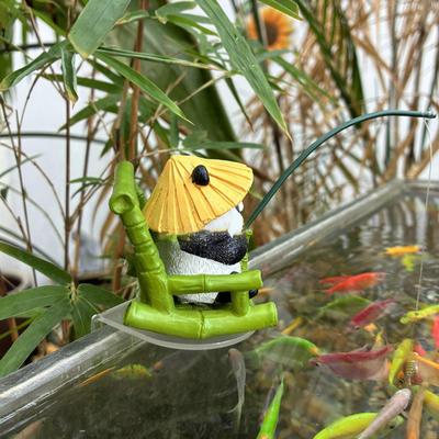Panda Fishing Statue Green Landscape Ornament Fish Tank Edge Decor for Home Gifts Realistic