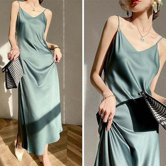 Summer French Acetic Acid Satin Sexy Strap Dress Women's Mid Length Style with Solid Color Underlay Skirt Fashion Women's Wear