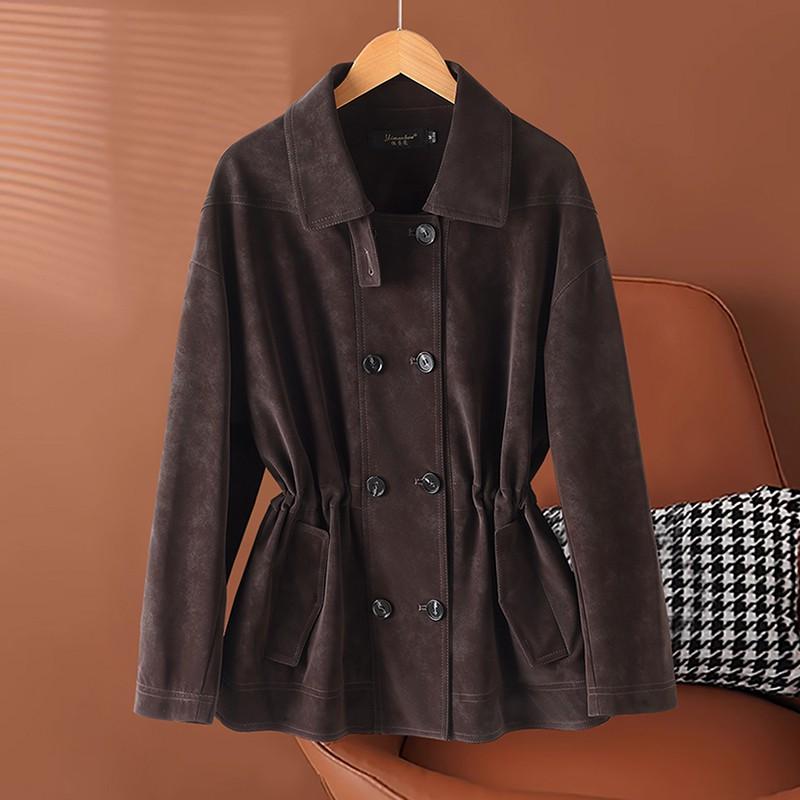 Womens Suede Leather Trench Coat Elegant