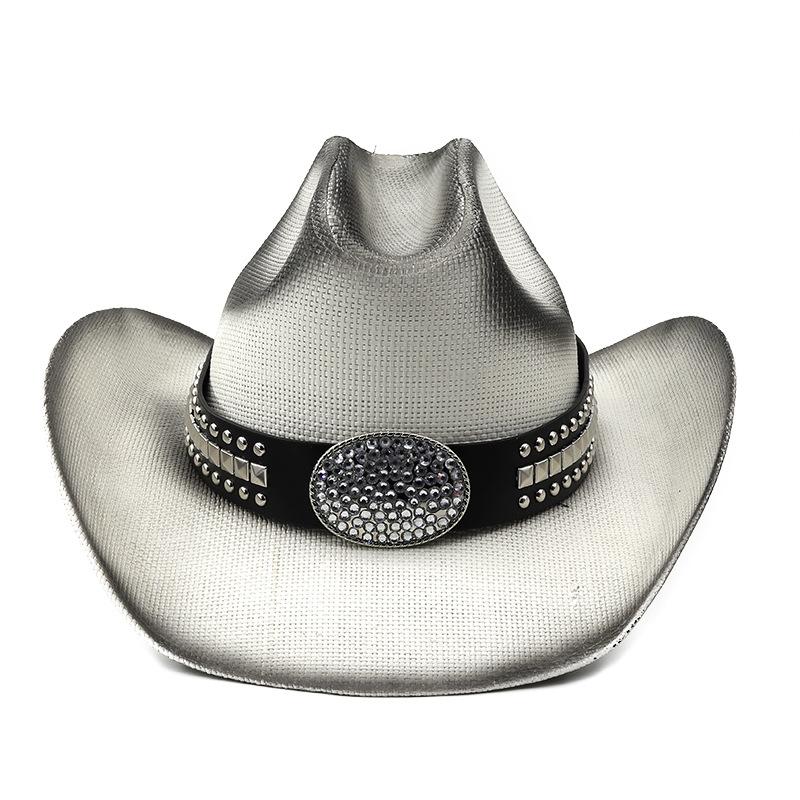 Punk rivet belt denim straw hat - unisex sun hat with rolled brim - western cowboy straw sun hat M(56-58cm)