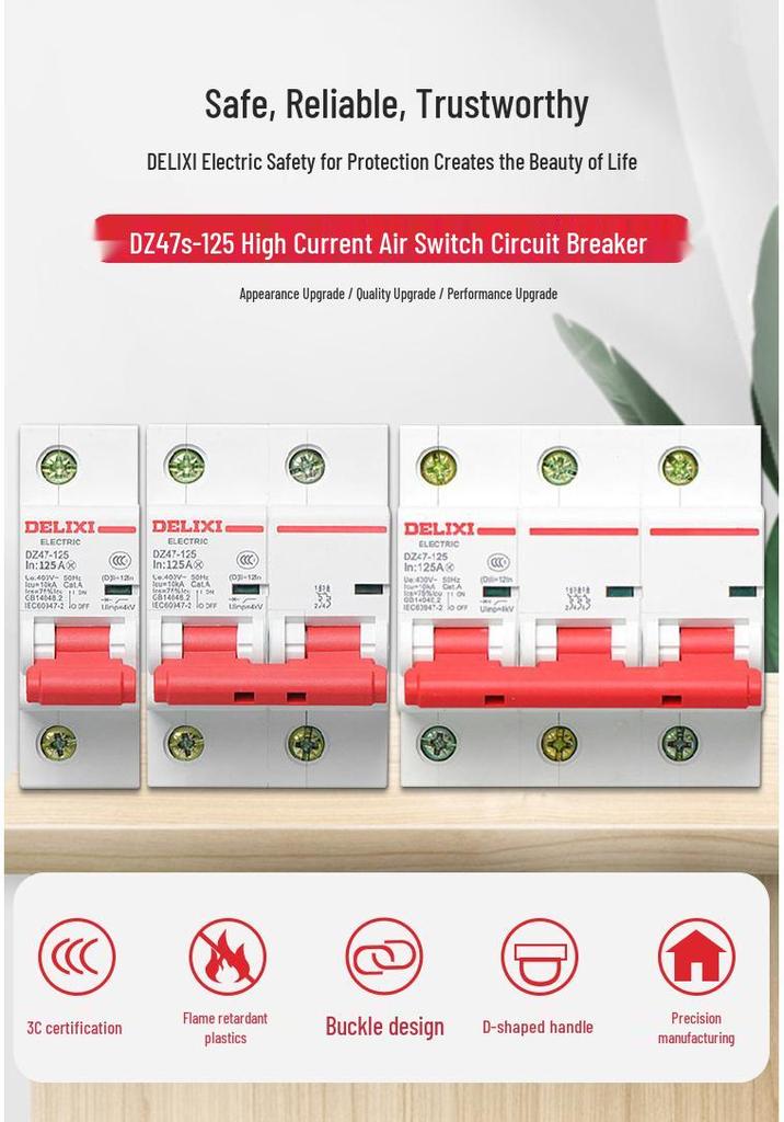 Delixi DZ47 Household Air Circuit Breaker, 125A Single-phase, 100A Three-phase, 1P/2P/3P/4P