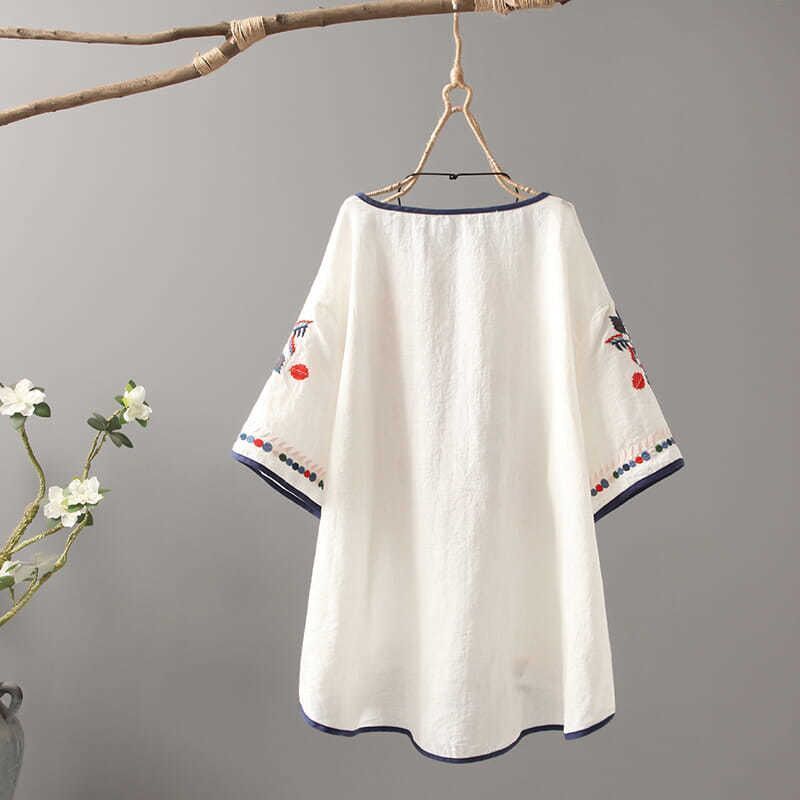Women's Cotton Linen Casual Embroidered T-shirts Summer O Neck Short Sleeve Loose Tops