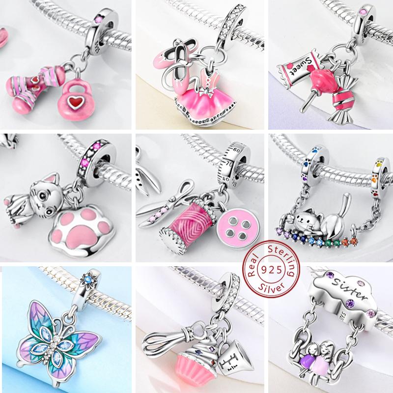 Srebro 925 Różowe Koraliki Charm Wisiorek Do Oryginalnych Bransoletek Charm Wiszący Biżuteria Dla Kobiet Dziewczyn Prezenty