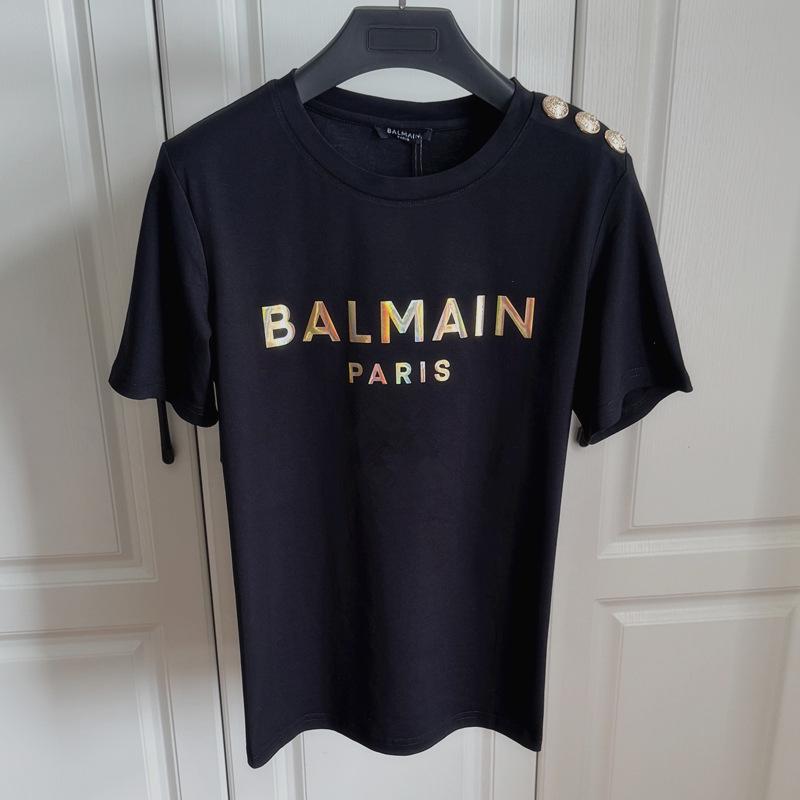 Короткая футболка Balmain ВеснаЛето 2025 с золотой пуговицей и разноцветной вышивкой пайетками Small 2590₽