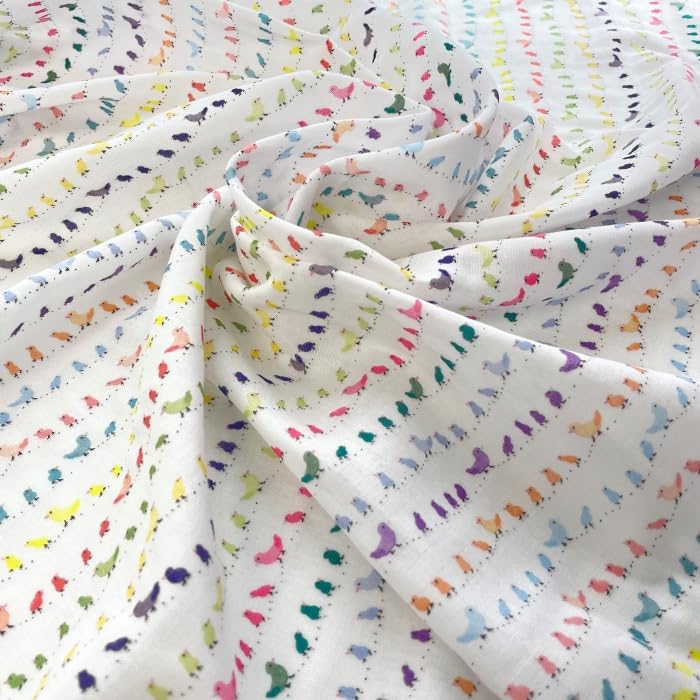 Chick and Bird Print Double Gauze Fabric for Babies and Size 22B x nora. ST1213-G-A Kids, Cotton, White, Pre-Cut, (110cm 100cm)