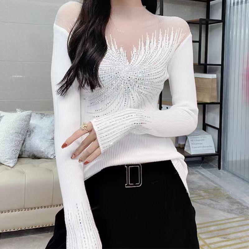 Elegant Rhinestone Mesh Sweater - Women's Long-Sleeve Versatile Chic Top