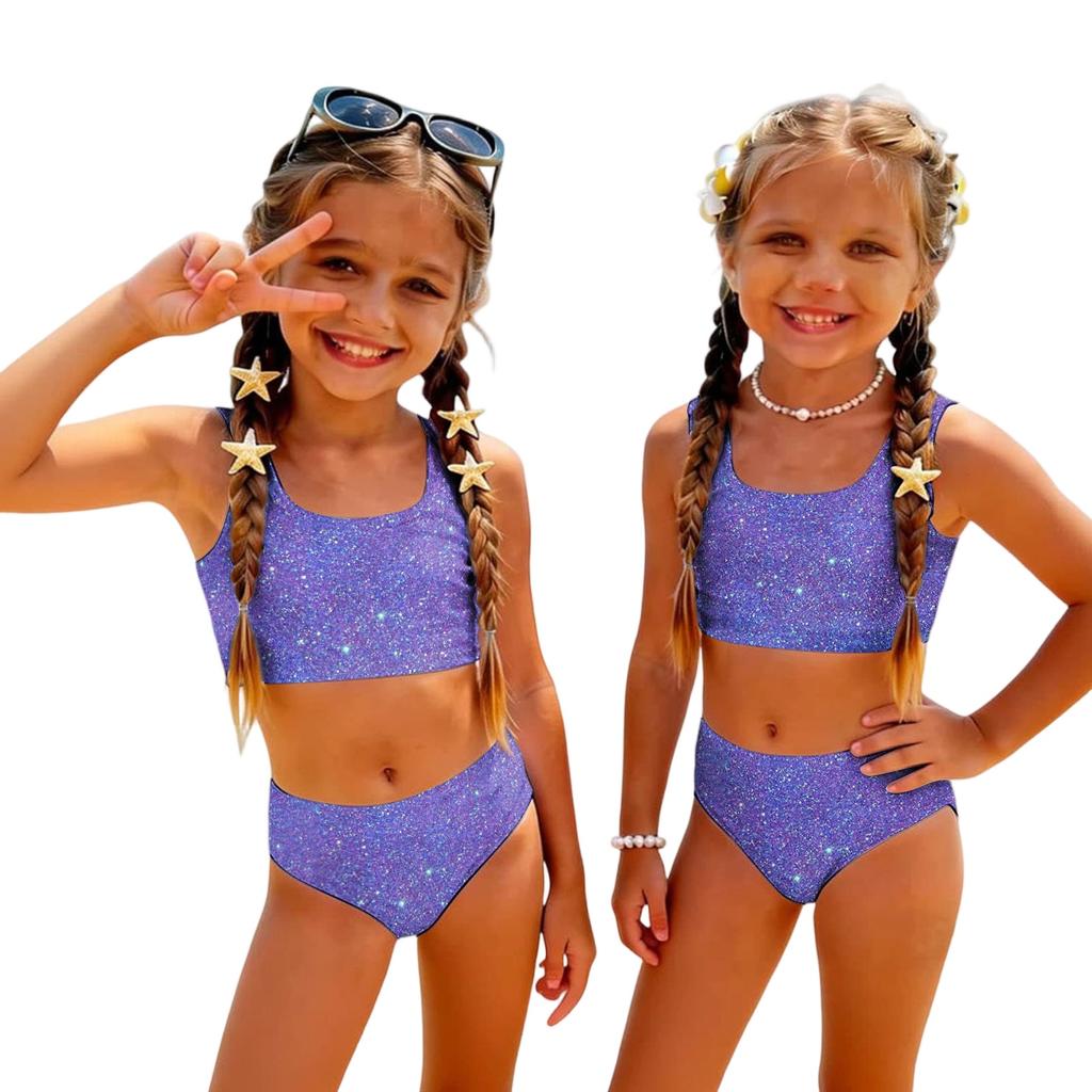 Costume da Bagno Due Pezzi per Bambina Set Top Corto Senza Maniche con Stampa di Paillettes e Slip a Vita Alta Costumi da Bagno per Bambini Estate Abbigliamento da Spiaggia