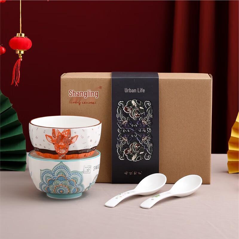 Chinese Style Printed Ceramic Bowl & Spoon Set