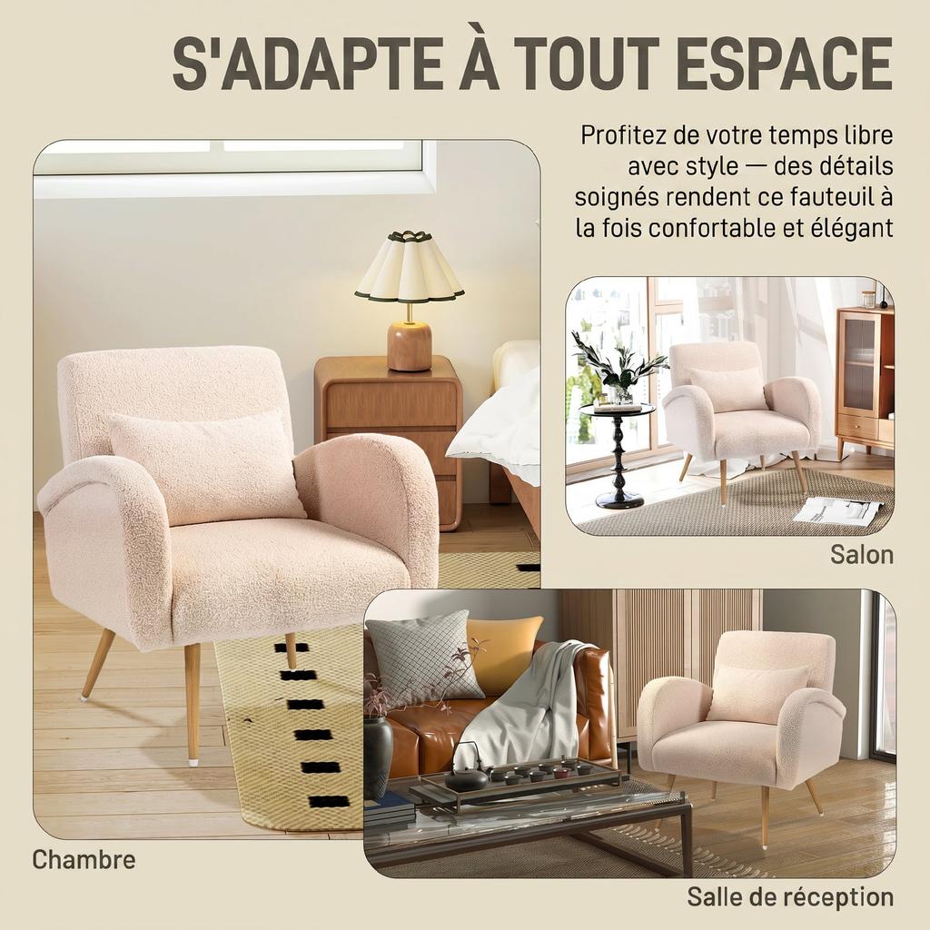 Teddy Fabric Lounge Chair, Upholstered, Wide Seat, Lumbar Cushion, Wood-Effect Metal Legs, Beige