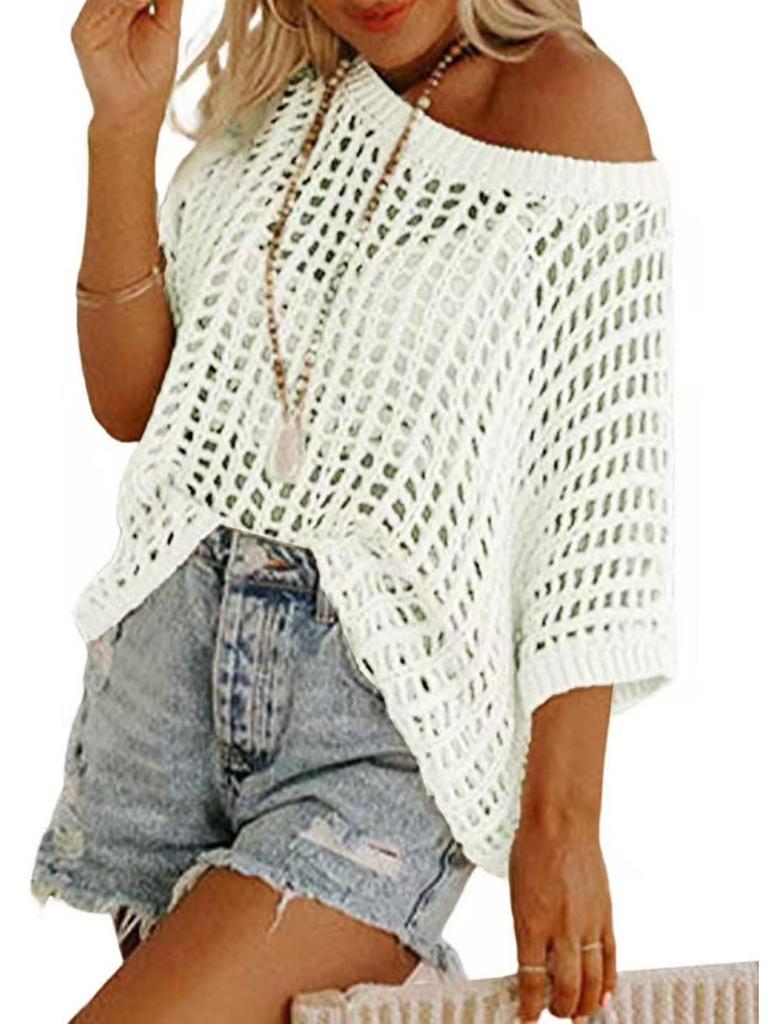 European & American 2026 Summer Mesh Hollowed-Out Five-Sleeve Beach Cover-up Sunscreen.