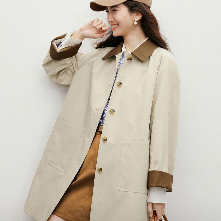 2025 Autumn Women's Japanese Khaki Trench Coat - Relaxed Fit, Color Block, Mid-Length Lapel Outerwear