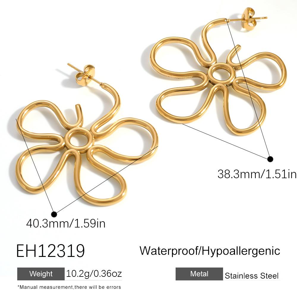 Cross-border Women s Titanium Steel Stud Earrings Instagram-style High-end Floral Linear Hollowed-out Design 18k Real Gold 18k real gold plating