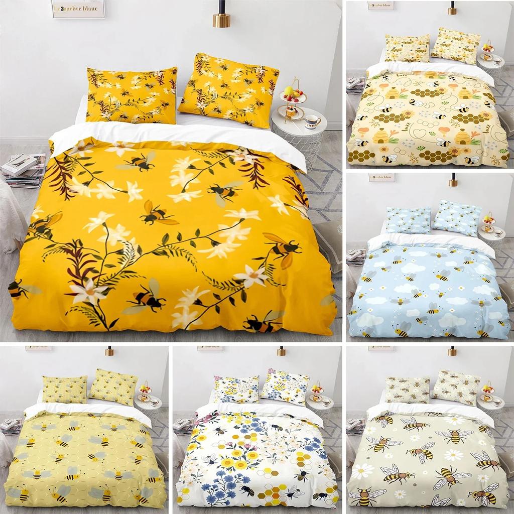 Honey Bee Duvet Cover Set, Black White Printing Bedding Set, Twin/Full/Queen/King Size Crown Quilt Cover for Girls Boys