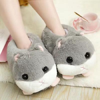 Melancholic Hamster Slippers Women Girls Winter Slip On Fluffy Shoes 2024 New Cartoon Animals Piggy Panda Unicorn Fur Slides