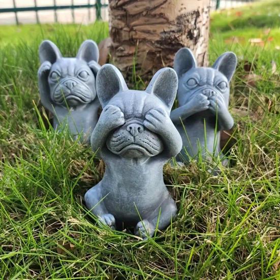 Bulldog Figurine No See No Speak No Hear No Evil Bulldog Ornament Handmade Resin Dog Statue for Home Indoor Desk Garden Decor