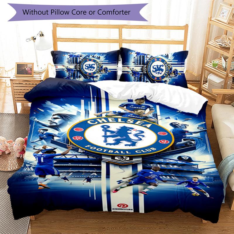 3pcs Chelsea FC Logo Pattern Bedding Set Duvet Cover Set Includes Duvet Cover &pillowcases,perfect All Season Bedroom Decoration&gift