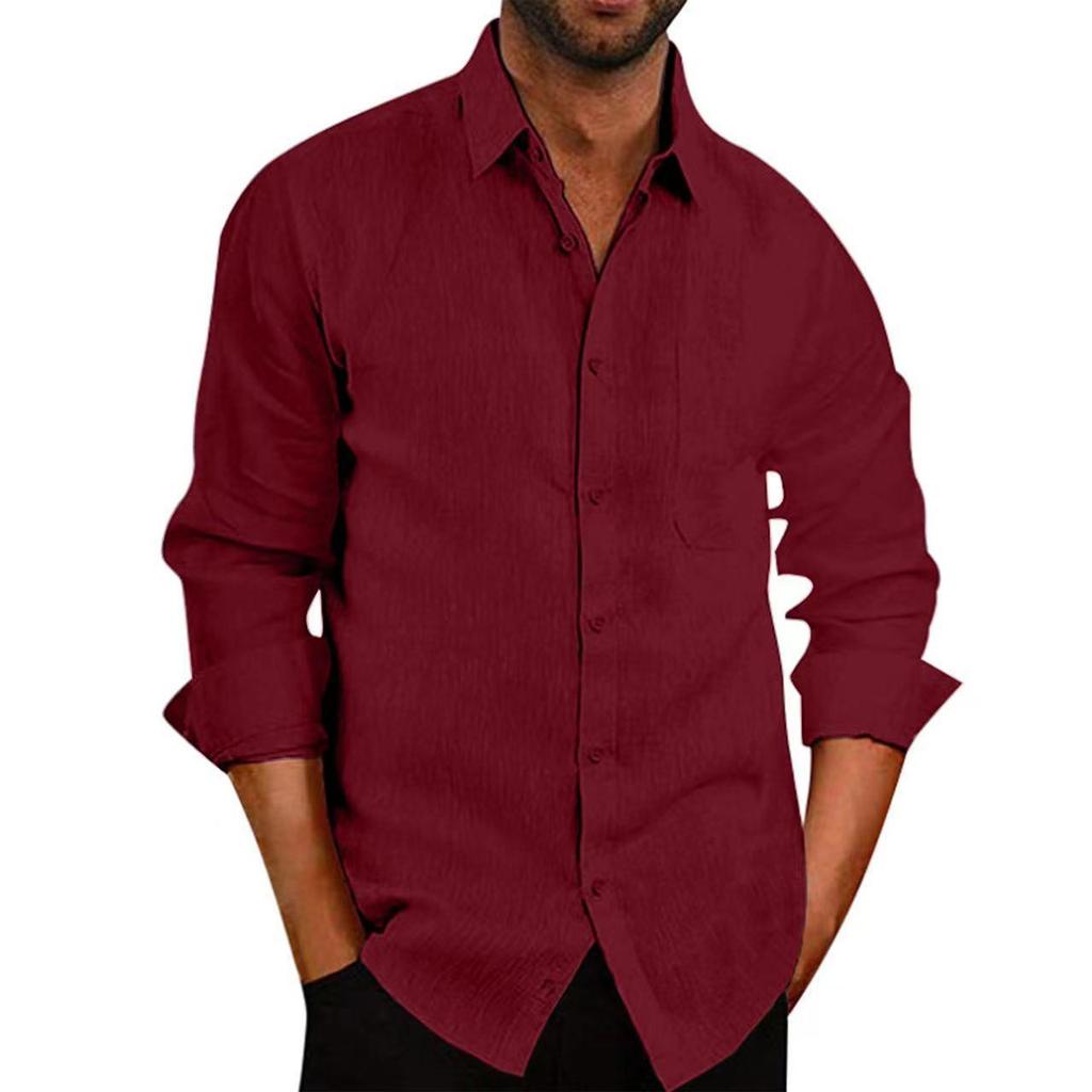 New Bestseller Men's Linen Shirt - Turn-Down Collar, Solid Color, Long Sleeve, Button-Up.