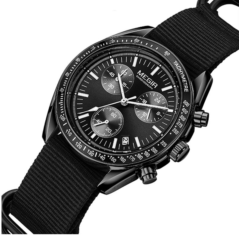 MEGIR Triple-eye Quartz Watch for Men s Nylon Braided Strap Waterproof Luminous Sports with Chronograph Fashion Wristwatch Male чёрный