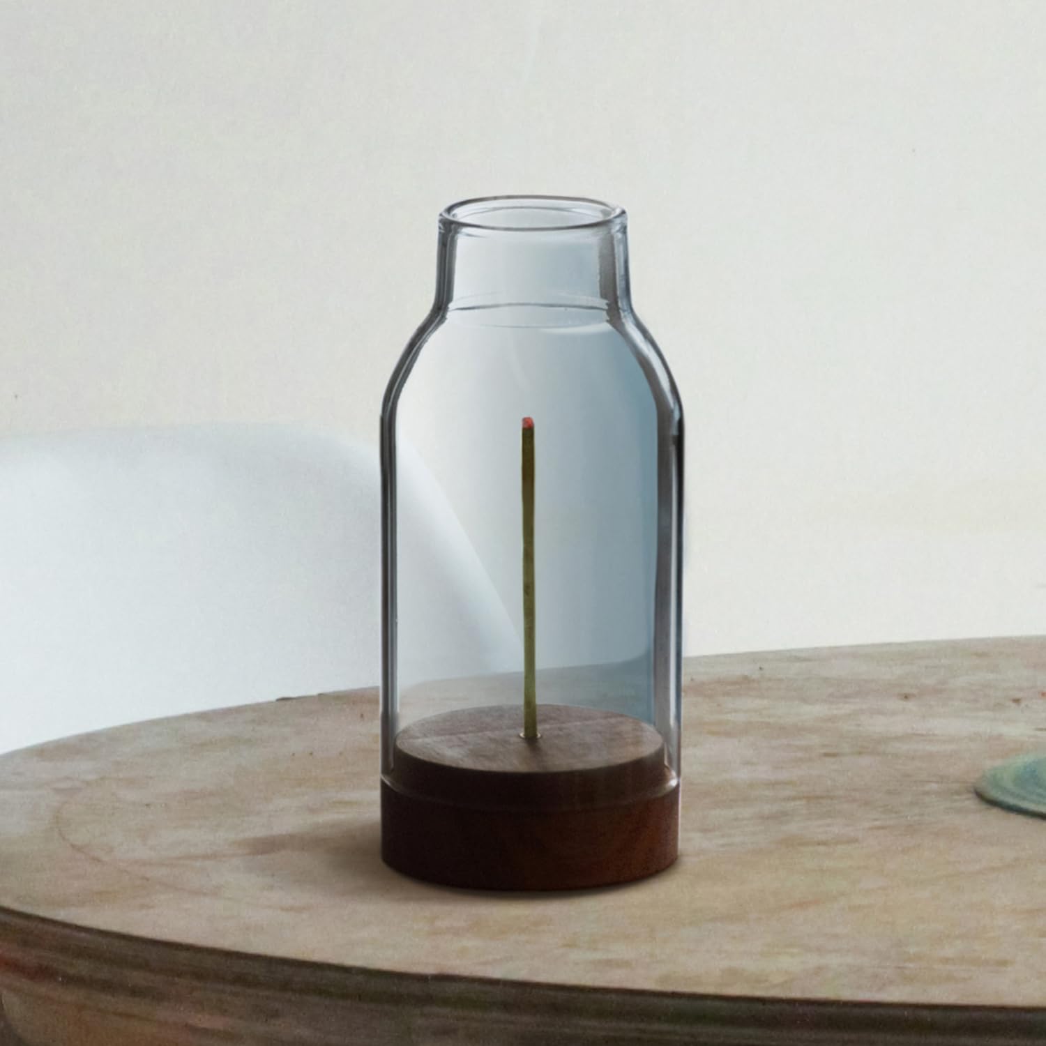 Incense holder, glass, wood, flower vase, prevents ash from spilling. Blue/Gray.