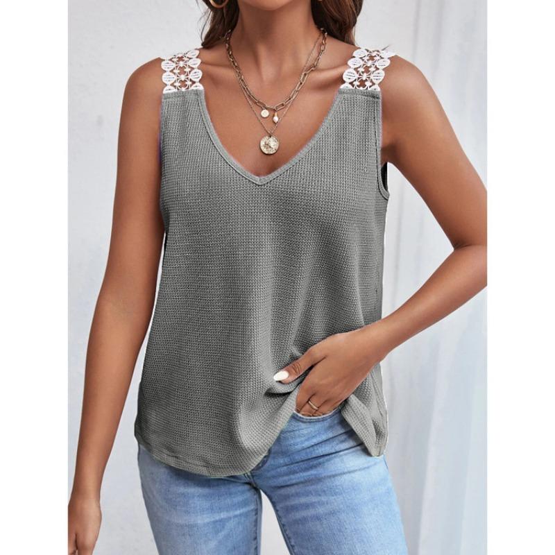Womens Waffle Knit V Neck Tank Top With Lace Trim Sleeveless Casual Solid Color Camisole
