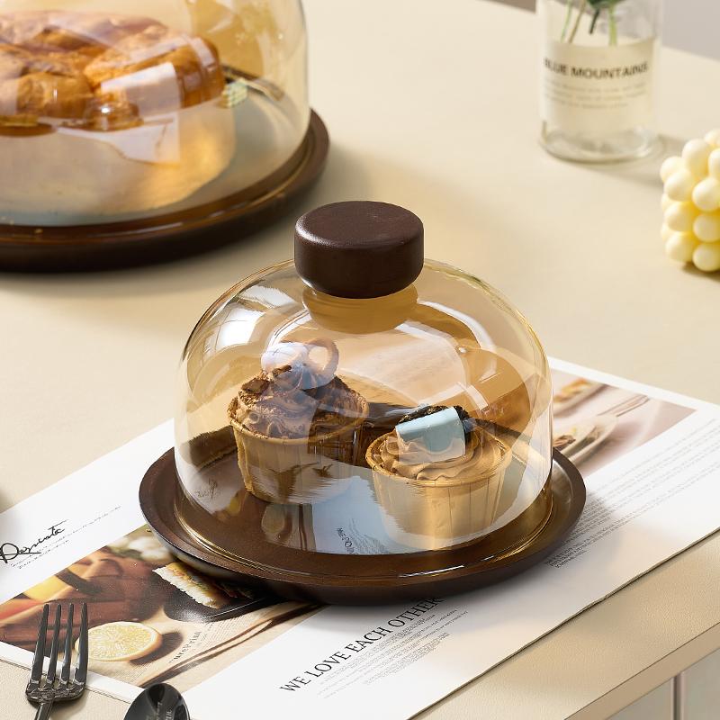 Wooden Plate Transparent Cover Cake Plate Tray Dessert Cake Dust-proof Tray Desktop Storage Container Party Accessories