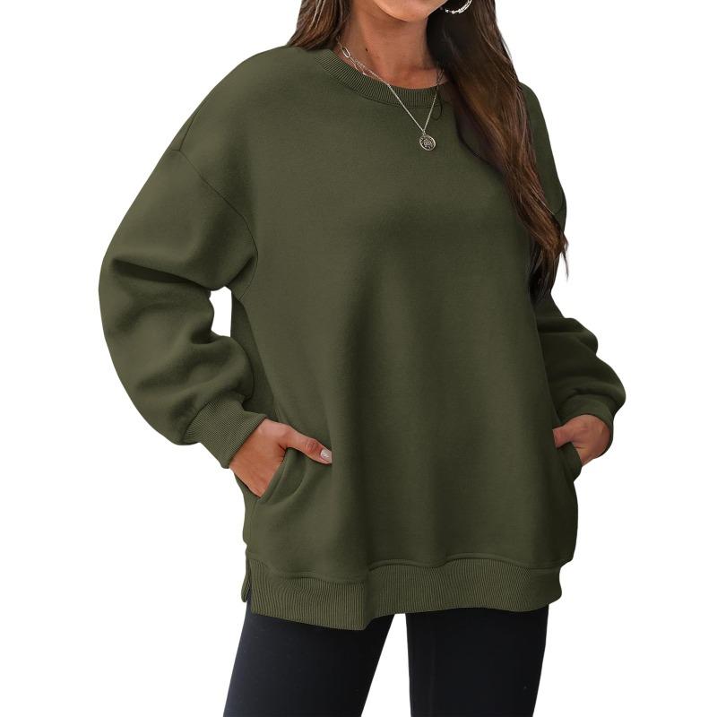 Fleece thickened pocket sweater women, loose round neck clothes in autumn and winter