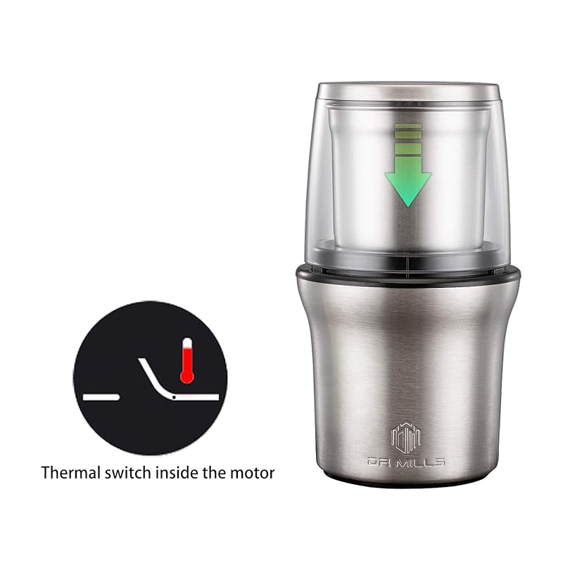 DR MILLS DM-7412N Elektrický mlýnek na suché koření a kávu, vyjímatelný hrnek, omyvatelný, čepel a hrnek z nerezové oceli SUS304