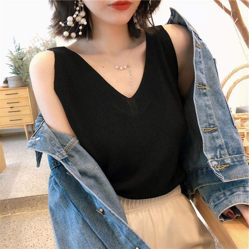 

Женская летняя трикотажная кофточка из шелка Ice Silk, свободная короткая базовая рубашка с V-образным вырезом, корейская версия, топ Tide One size