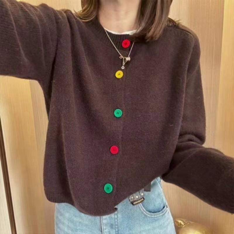 Color button design sense knitted cardigan spring new versatile solid color sweater top coat women