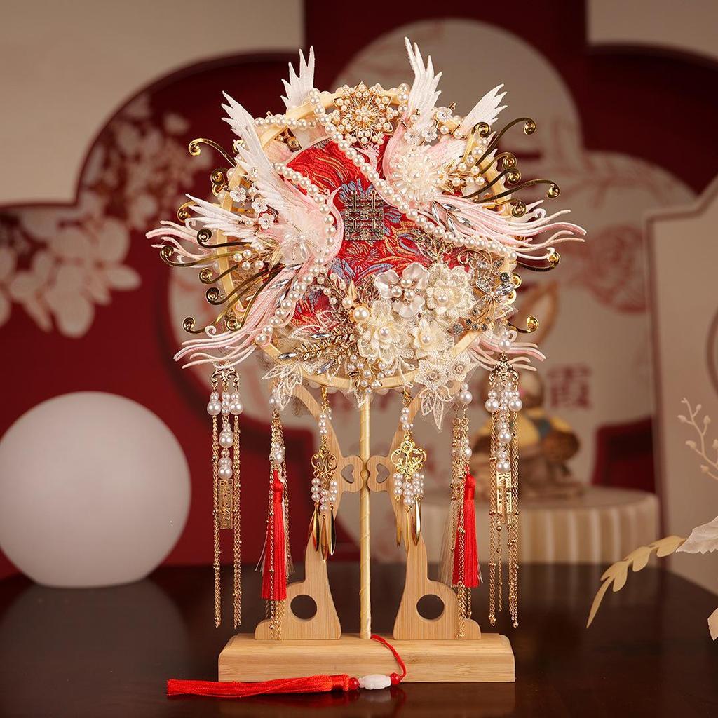 Bride's Joy DIY Handmade Double-Sided Long Handle Wedding Xiuhe Fan - Two-Color Round Face Cover Gift