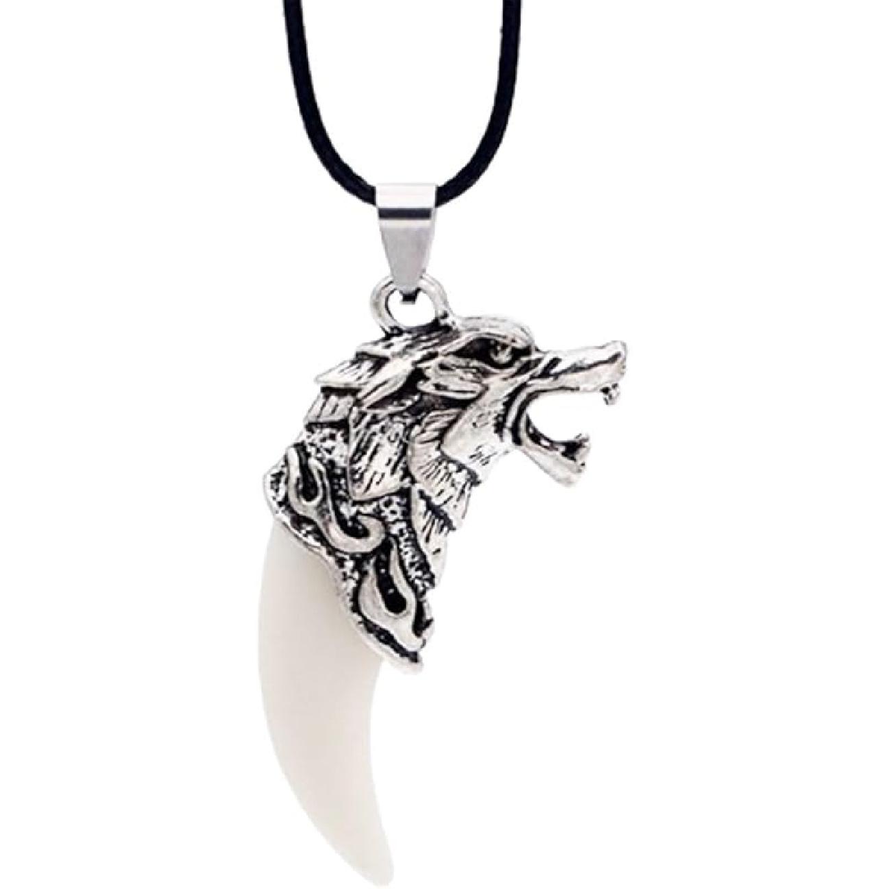 Wolf Tooth Necklace for Women Men Wolf Head Totem Pendant Necklace Adult Ceremony Graduation Gift Jewelry 02 Silver White