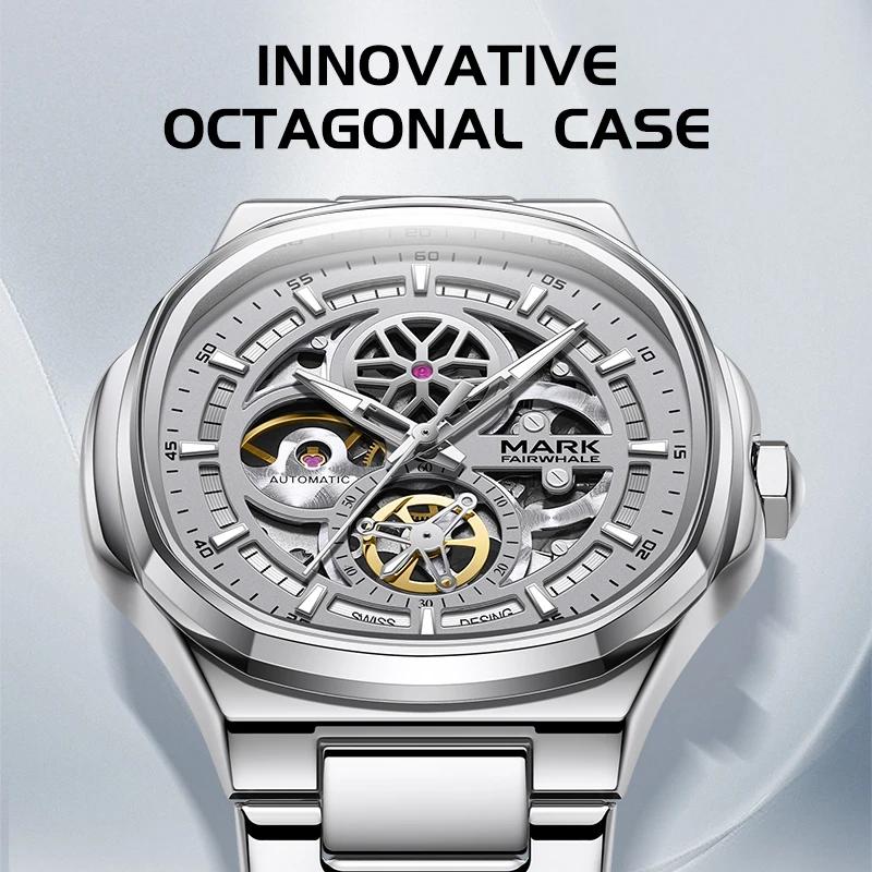 Mark Fairwhale Automatic Mechanical Watch 39MM Metal Case Band Skeleton Movement Exhibition Caseback Waterproof Luminous Dress