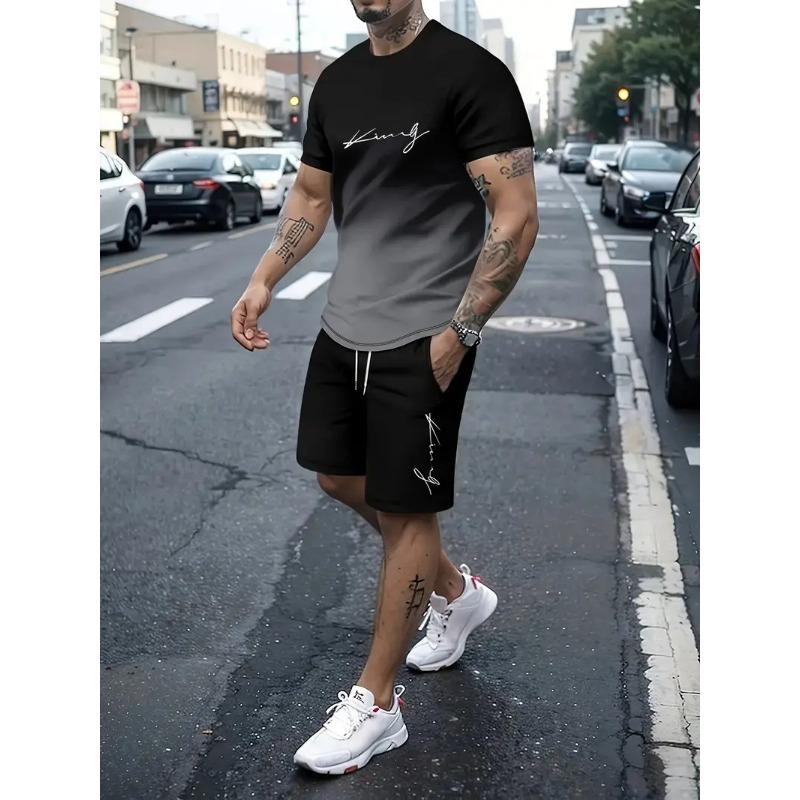 Ensemble Sportif Deux Pièces Imprimé 3D pour Homme T-shirt à Col Rond Couleur Dégradée Hauts à Manches Courtes Shorts Décontractés Fitness