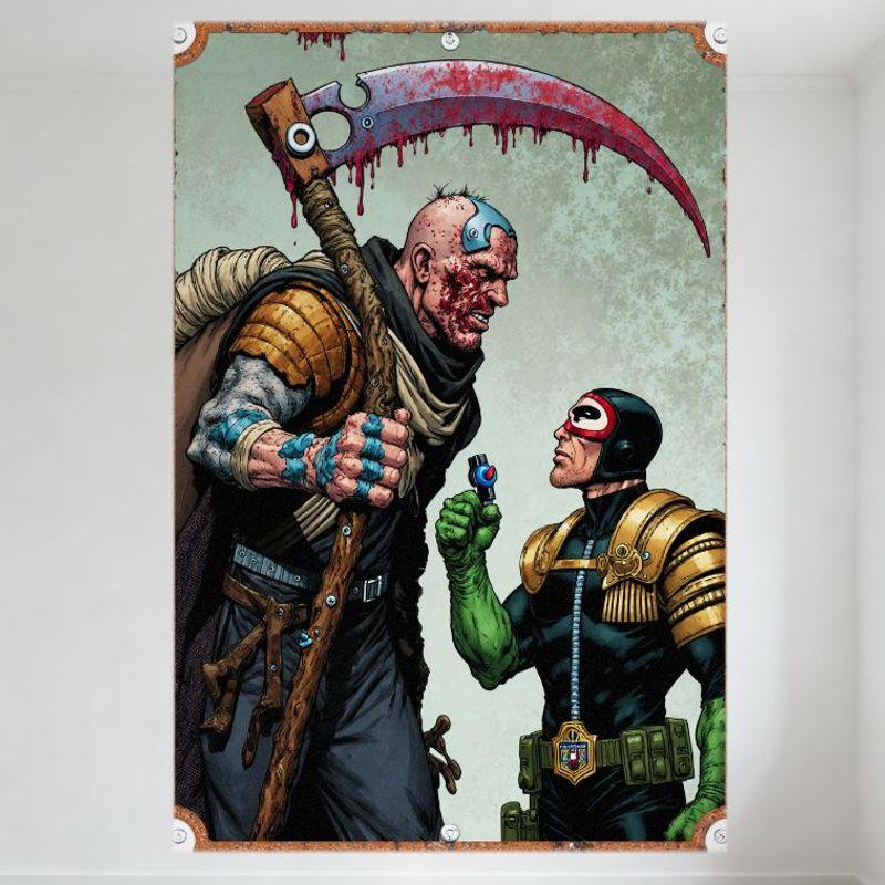 

Post-Apocalyptic Confrontation Metal Tin Sign, Large Bald Man with Mechanical Eye & Scythe vs Small Man with Futuristic Gear, Gr 20x30cm（7.8x11.8inch）