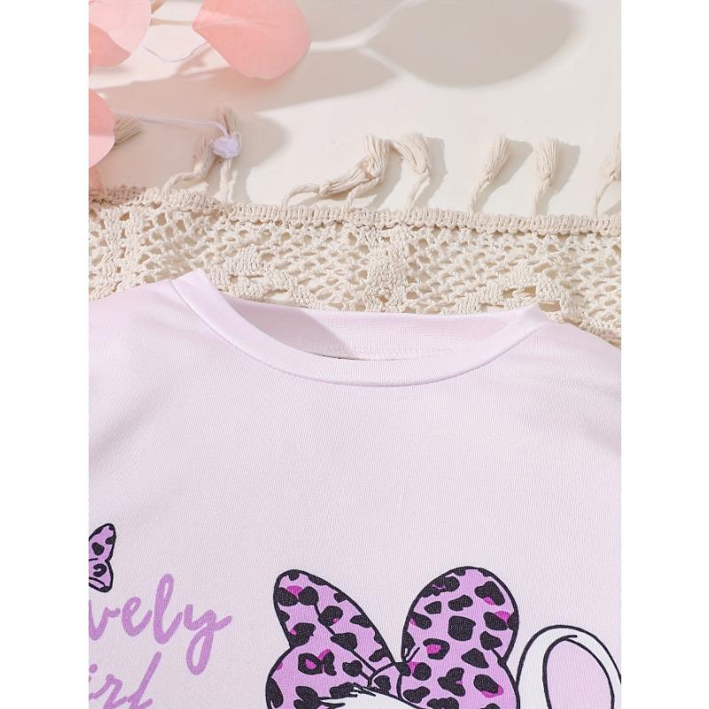 Girl's Autumn and Winter Cute Bunny Bear Printed Long Sleeved Shirt+leopard Print Pants Two-piece Set, a Gift for Children, Perfect for Outdoor