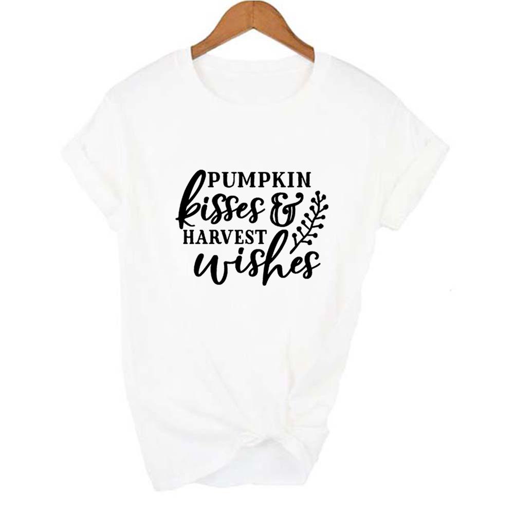 Halloween Pumpkin Spice Print Women Orange Aesthetic T Shirt Graphic Short Sleeve T Shirts Thankful