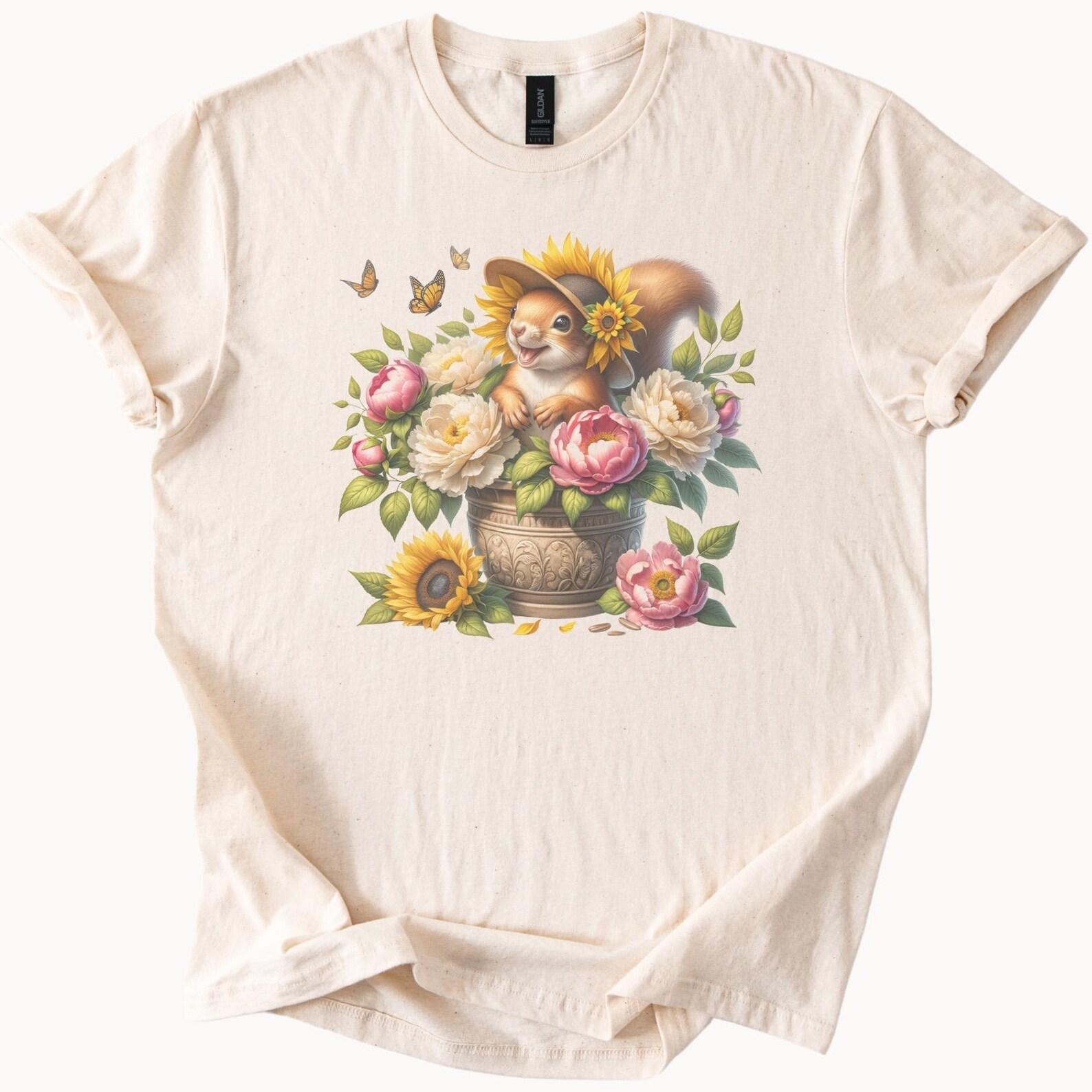 Cute Squirrel in Sunflower Hat with Colorful Peonies and Butterflies Garden Floral Graphic T Shirt Nature Animal Art Tee 100