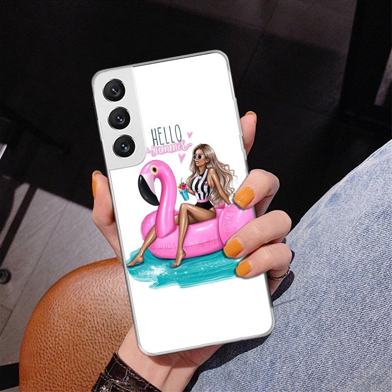 Girl Flamingo Summer Beach Phnoe Case for Samsung Galaxy S26 S25 Edge S23 S24 Ultra S22 Plus S21 S20 FE Unique Cover Soft Coque