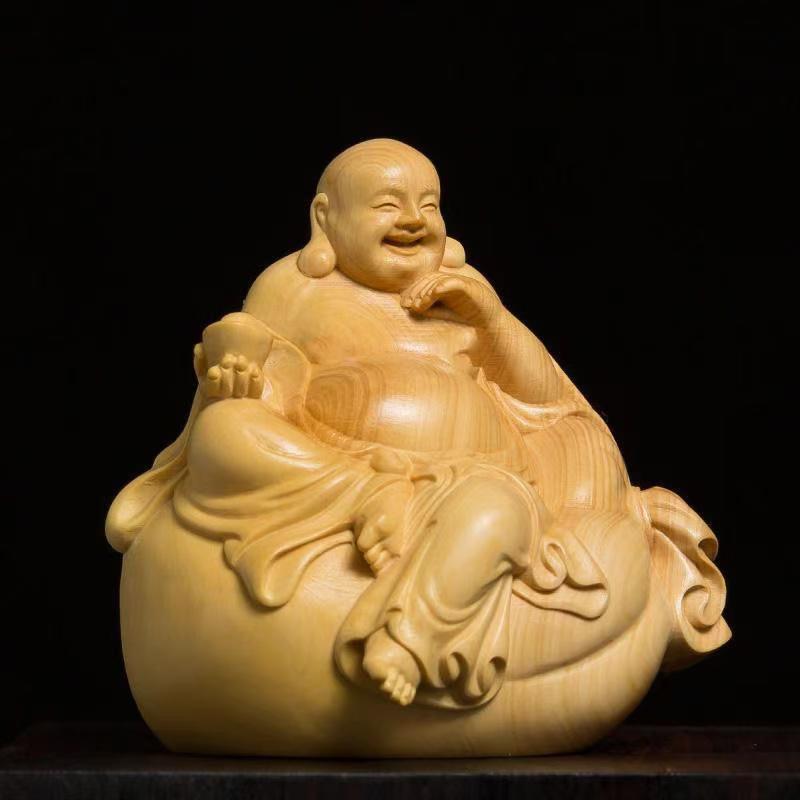 Estatua Pequeña de Buda Maitreya Yuanbao de Madera Cultura Tradicional Buda Maitreya Decoración para el Hogar, Habitación, Oficina, Coche Accesorios