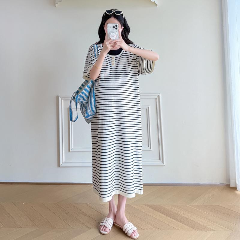 

Trendy Maternity Striped Ice Silk Knit Dress - Plus Size, Loose Fit, Slimming & Age-Reducing 2XL