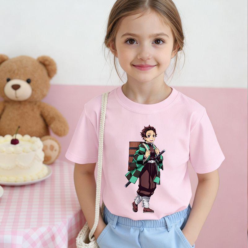 Demon Slayer 2026 Pure Cotton Cartoon ShortSleeved TShirt for Girls New Summer Breathable Childrens Clothing